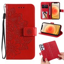 Galaxy S21 Ultra Wallet Case for Samsung Galaxy S21 Ultra 5G(6.8" 2021), Allytech Embossed Floral PU Leather Shockproof Flip Stand Wristlet Credit Card Slots Holder Cover for Galaxy S21 Ultra, Red