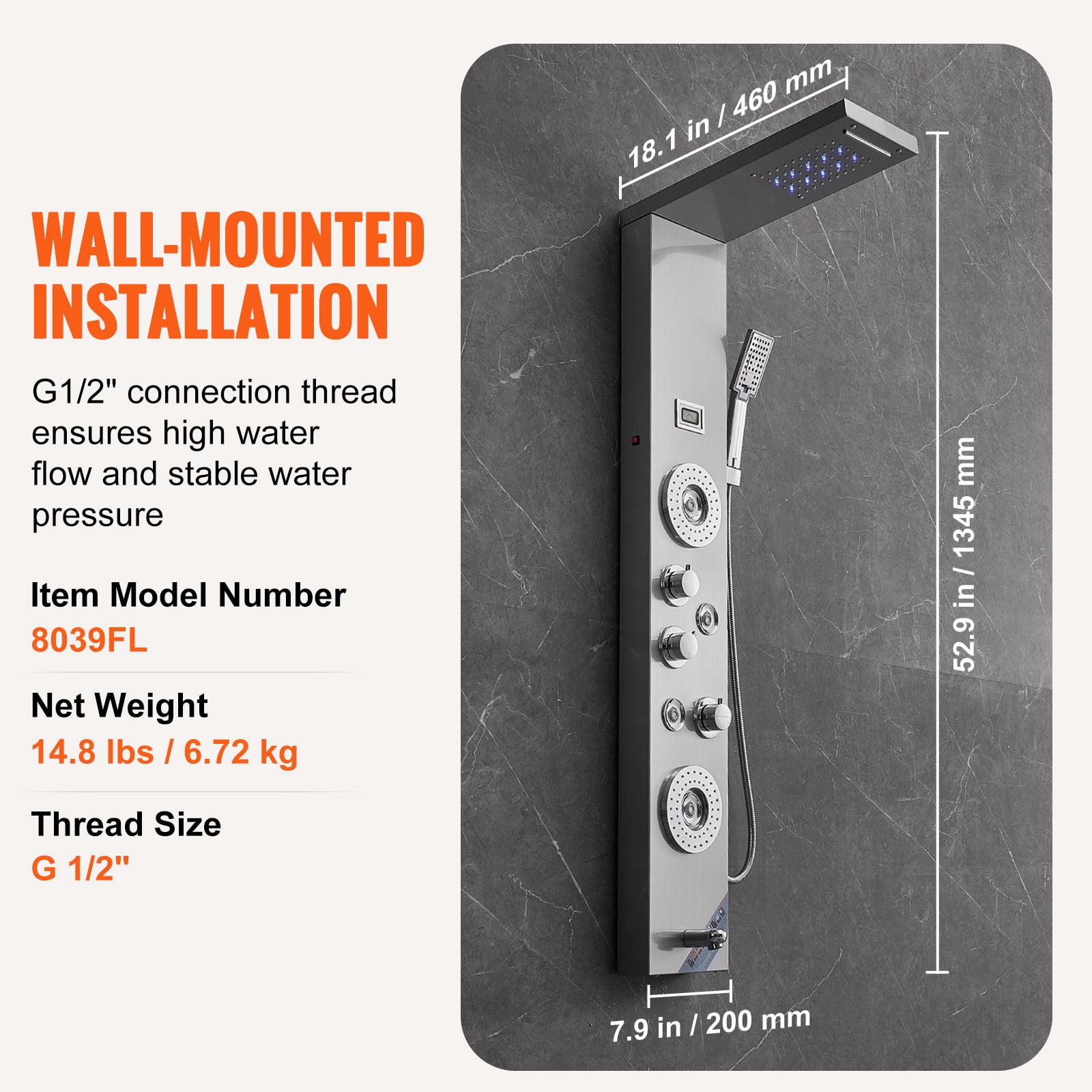 KFFKFF Panel Shower Tower System Stainless Steel 6 Mode LED and Rain Display