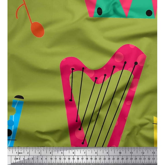 Soimoi Green Heavy Satin Fabric Guitar & Xylophone Musical Instrument Print Fabric by the Yard 54 Inch Wide