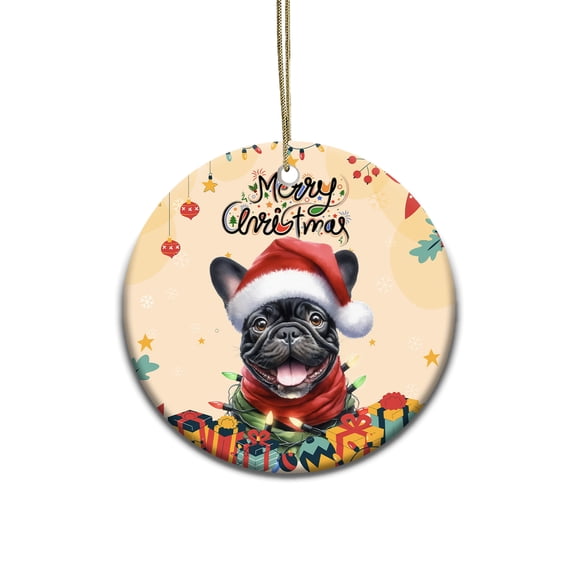 Merry Christmas Santa French Bulldog Scarf Twinkling Lights Xmas Holiday Ceramic Round Ornament Dog Lover Gifts Home Tree Decor - 00022