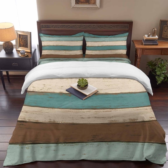Vintage Teal Brown Wood Grain Queen Size Bed Set,Rustic Wooden Plank Bedding for All Seasons,4 Pcs Bed Set,1 Quiltcover (90"x90"),1 Sheet (90"x102"),2 Pillowcases (20"x30")