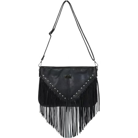 Casual Rivets Fringed Shoulder Handbag for Women,Soft Vegan Leather Hippie Crossbody Purse Bag Hobo Bag