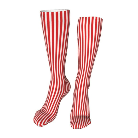 Qokaie Red And White Stripes for 20in Socks, Funny Novelty Crazy Design Cotton Socks Sports Socks Knee High Socks For Men, Women,1Pairs - Gift For Working Friends-One Size