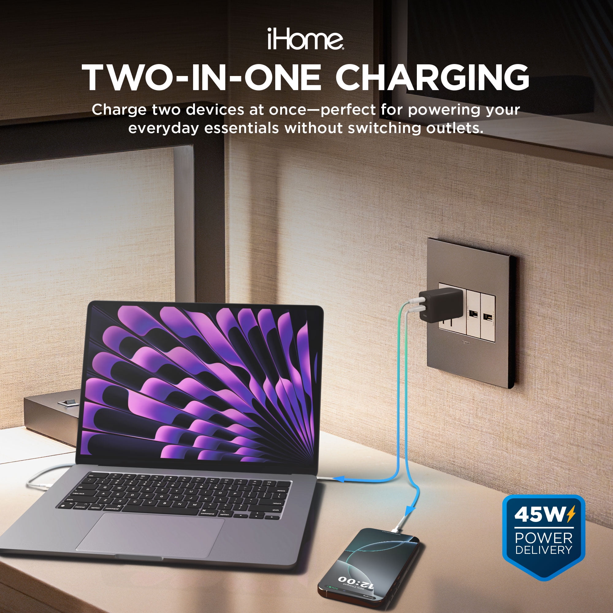 iHome 45W GaN Charger, Dual USB-C Ports, Power Delivery, Fast Charging, Foldable Plug
