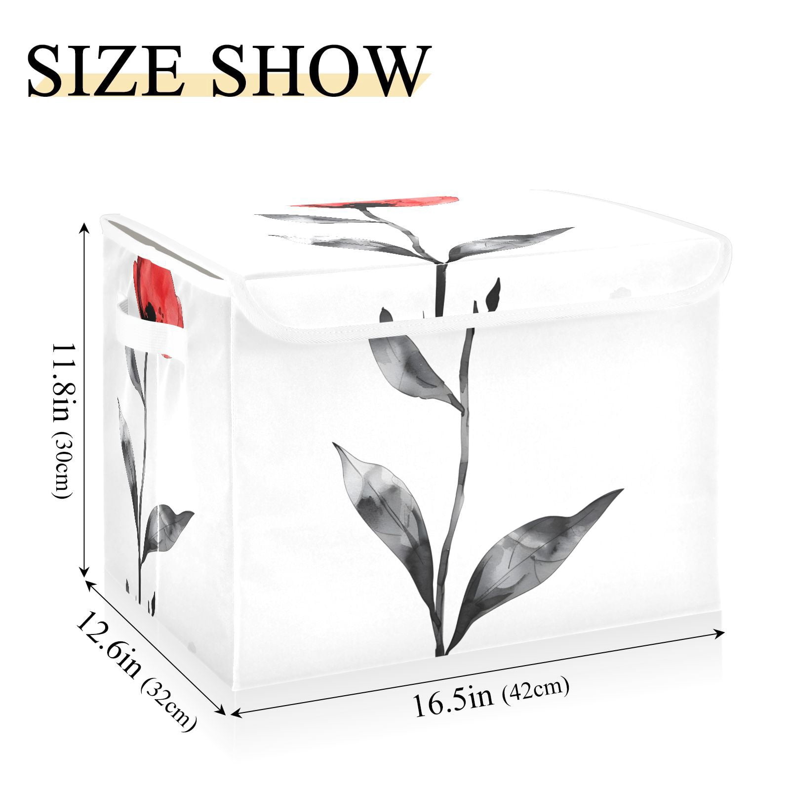 Red Flower Black Leaves Storage Basket for Shelves Foldable Container Organizer for Organizing Toys Clothes Books with Handles