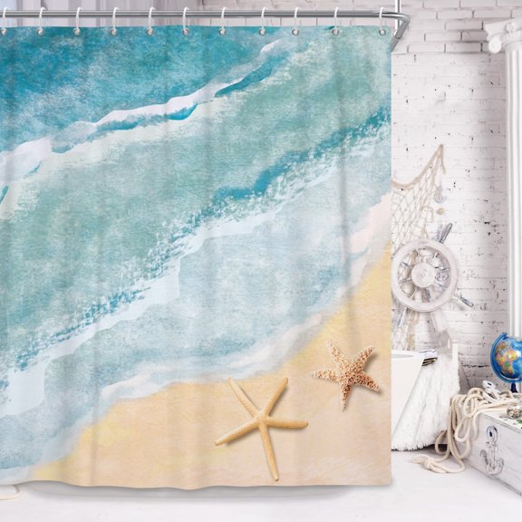 Beach Theme Shower Curtain ,Seashell Starfish Shower Curtains Waterproof Fabric with 12 Hooks，72"x72"