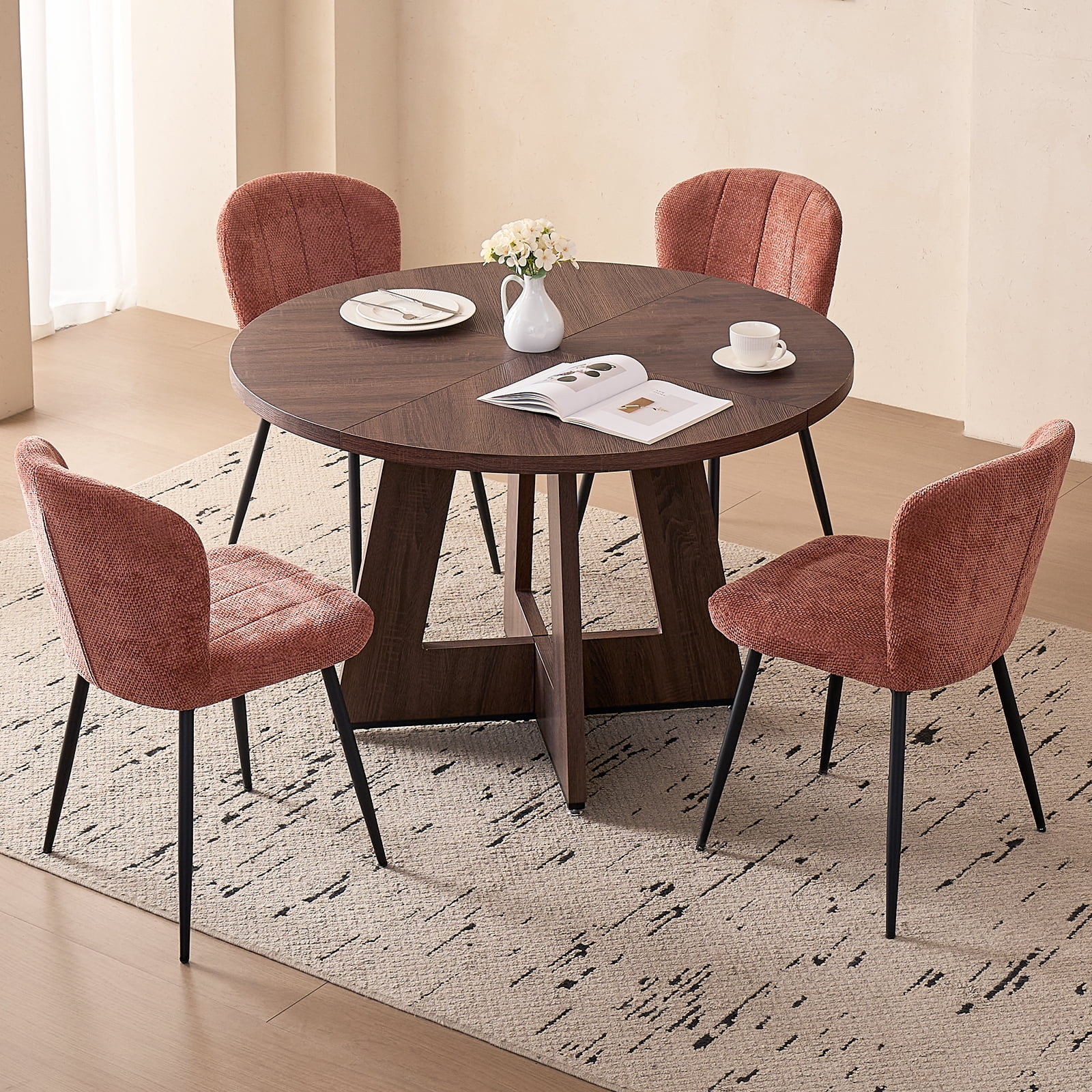 5 Piece 47" Round Dining Room Table Set for 4, [Fanned Base] [1.38" Thick Top] Wood Kitchen Table with 4 Orange Chenille Dining Chairs