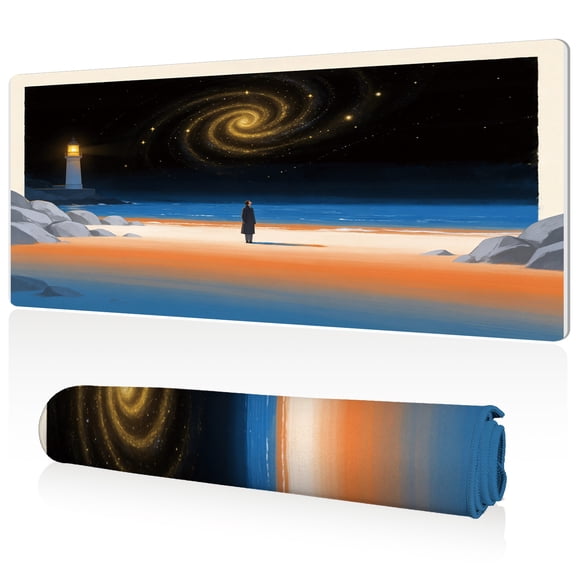 LIVEKEY XXL Gaming Mouse Pad 80x40x0.3cm Coastal Galaxy Night with Lighthouse and Silhouette Design Full Desk Coverage Non Slip Durable Easy Clean Stitched Edges for Office and PC Gaming