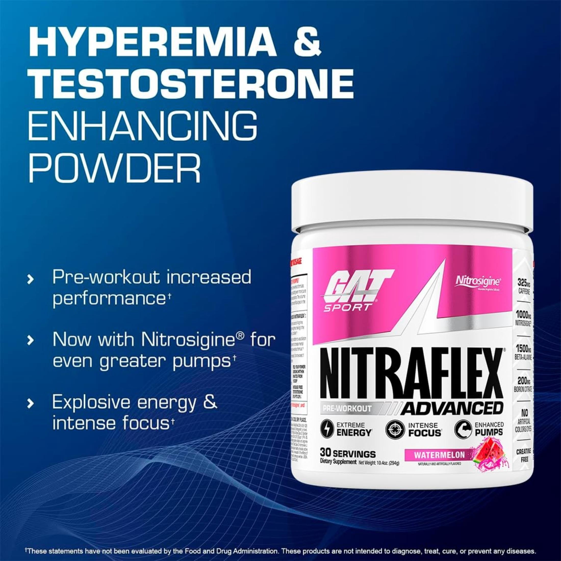 GAT SPORT Nitraflex Advanced Pre-Workout Powder, Increases Blood Flow, Boosts Strength and Energy, Improves Exercise Performance, Creatine-Free (Watermelon, 30 Servings)