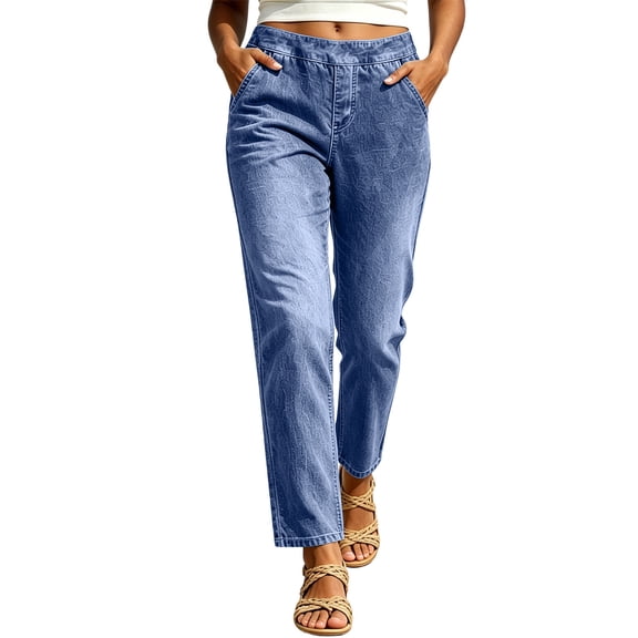 Bosfbaoi Jeans for Women Drawstring Elastic Waist Washed Denim Ankle Pants Casual Straight Leg Pull On Jeans Cropped Denim Trousers
