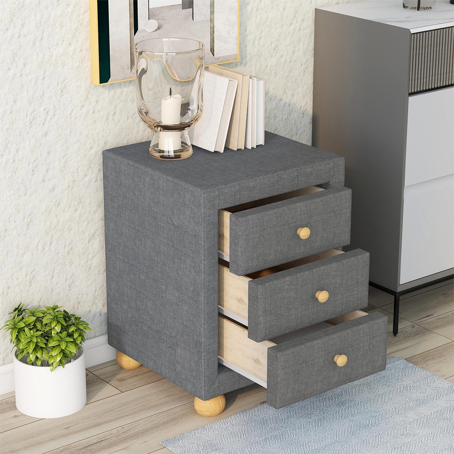 Resenkos Modern 3 Drawers Upholstered Nightstand with Natural Wood Knobs in Dark Gray Resenkos Modern 3 Drawers Upholstered Nightstand with Natural Wood Knobs in Dark Gray