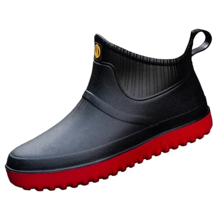 Wellies Mens Short Ankle Wellington Boots Waterproof Chelsea PVC Rubber Rain Boots, Black Red 44