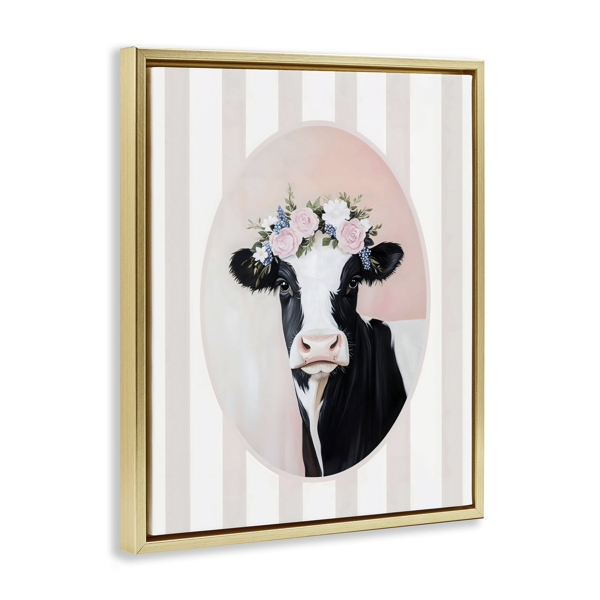 Stupell Industries Soft Cow with Floral Crown Gold Framed Floater Canvas Wall Art, design by Arlington Prints