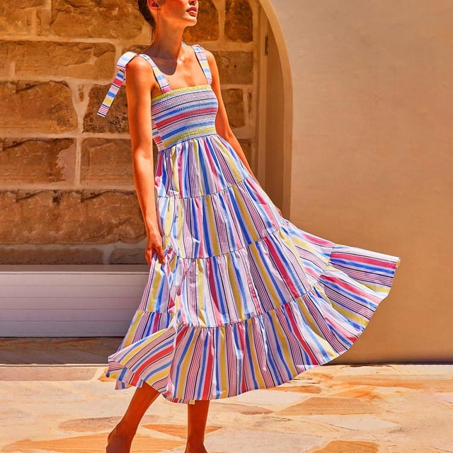 SMihono Robe Maxi Bohème d'Été pour Femmes Grande Taille Bretelles Imprimé Long Pli Taille Élastique Style Vacances Robe de Plage