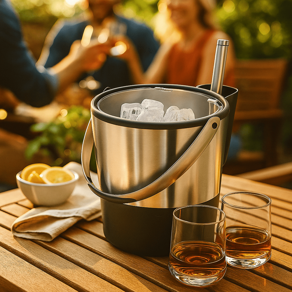 Oggi Ice Bucket with Flip Top and Ice Scoop, Large 4 Qt Capacity, Stainless Steel & Black Model