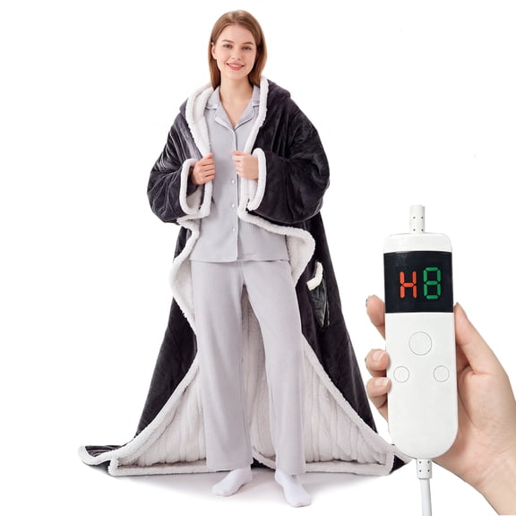 Wearable Heated Blanket with Sleeves & Foot Pocket, Full Body Heated Wearable Blanket, 10 Heat Levels & Auto Shut-Off, Machine Washable Electric Blanket for Adults, U-Shaped, Dark Gray, 72"*52"