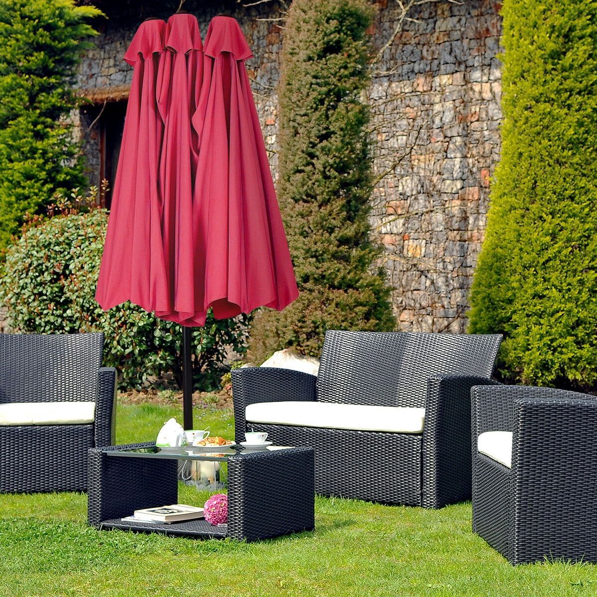 Topbuy 15 ft Outdoor Patio Umbrella Double-Sided Shade Offset Red
