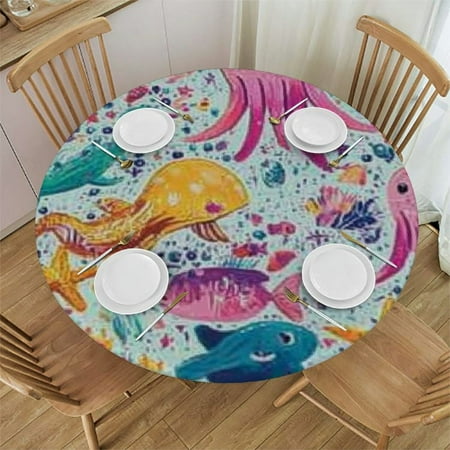 

Autua Sea Animals Stars Colors Round Table Cover Stain Resistant Washable Indoor Outdoor Kitchen Dining Wedding Parties Tablecloth 100% Polyester Fiber 54 -58