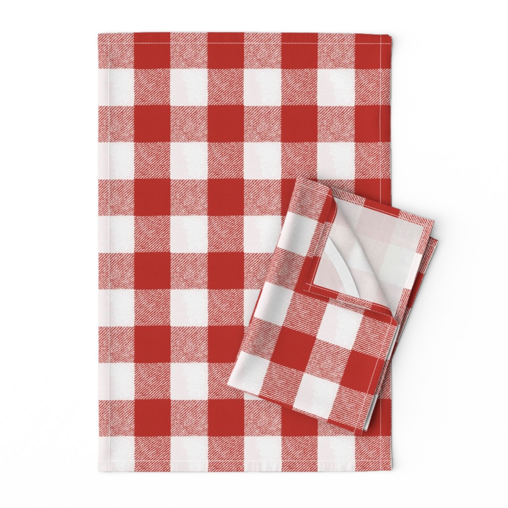 Printed Tea Towel, Linen Cotton Canvas Red White Buffalo Check Picnic