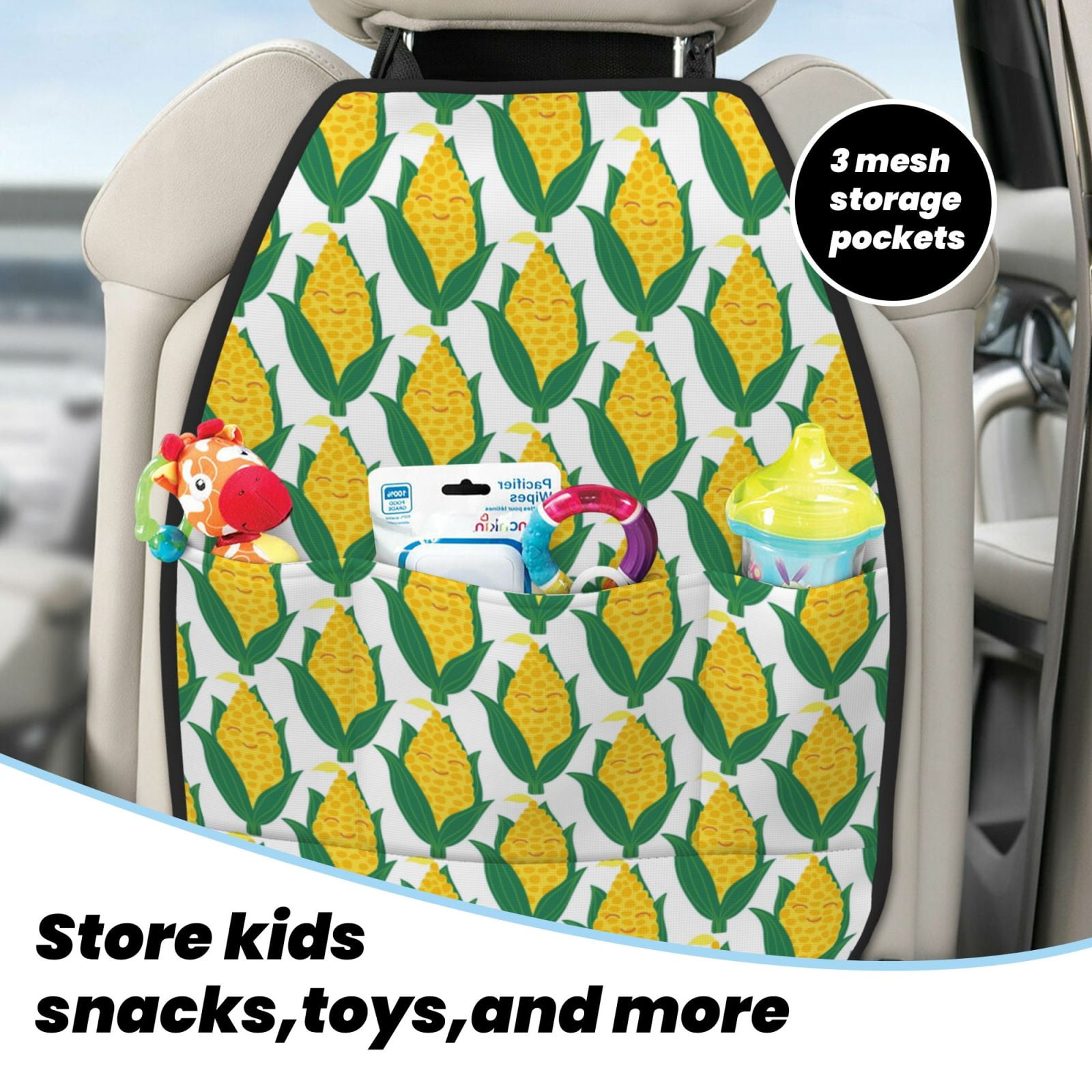 Xecao Corn Cob Pattern Car Seat Back Protector 2 Pack Large Capacity Pocket, Kick Mats Back Seat Protector