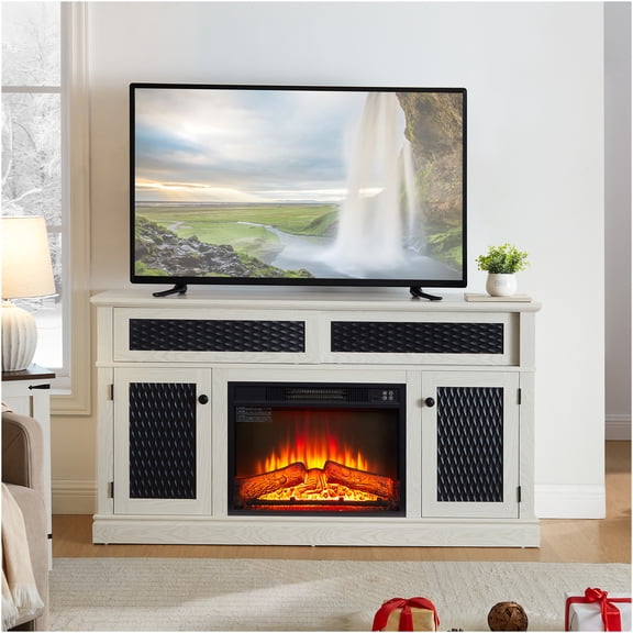JERFIT 58-inch Fireplace TV Stand with Heater, White Embossed Media Console with Sliding Doors, Storage for Living Room, Bedroom