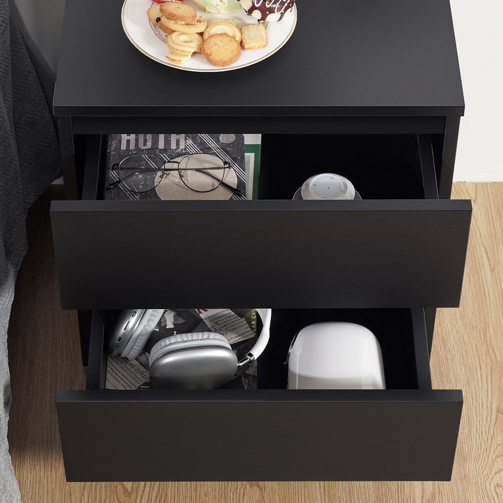 Hommpa 2 Drawers Nightstand for Bedroom, Bedside End Table Organizer, Wooden Black Finish 17.72" x 13.78" x 18.51"