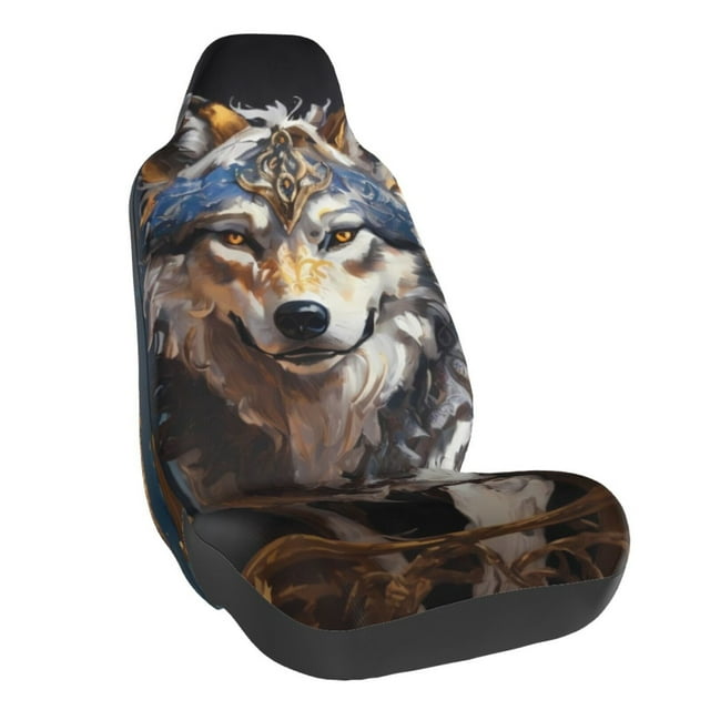 Wukai Oil Painting Tribal Wolf Full Set Car Seat Covers with Soft Padding Universal Auto Front Seats Protector and Cushion Mat