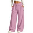 thumbnail image 3 of Womens Wide Leg Sweatpants, Mid Rise Elastic Drawstring Waist Loose Lounge Pants with Pockets, Active Fitness Sports Jogging Daily Wear | VerBelle,Pink XL, 3 of 9