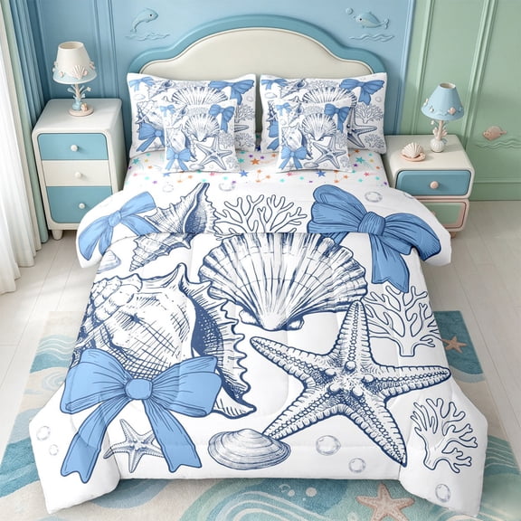 Manfei Sketch Seashell Bow 7-Piece Twin Bedding,Starfish Coral Ocean Bedding Comforter Set,Colorful Stars Reversible