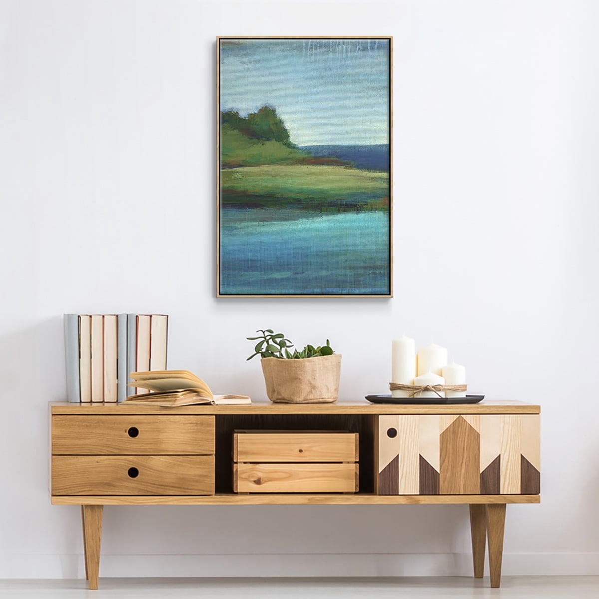 Silent Lakeside I Framed Premium Gallery Wrapped Canvas - Ready to Hang - 27 x 41 - Natural Wood Floating Frame