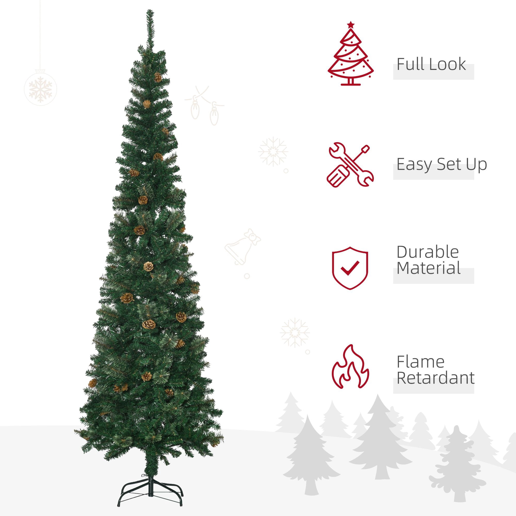 7.5 ft Pencil Artificial Christmas Tree, Slim Pine Needles with Realistic Branches, Pine Cones, Metal Base, 706 Tips, Indoor Holiday Decor