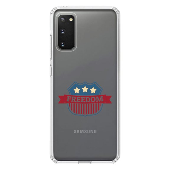 DistinctInk Clear Shockproof Hybrid Case for Galaxy S20 PLUS / 5G (6.7" Screen) - TPU Bumper Acrylic Back Tempered Glass Screen Protector - USA Freedom Badge Red White & Blue