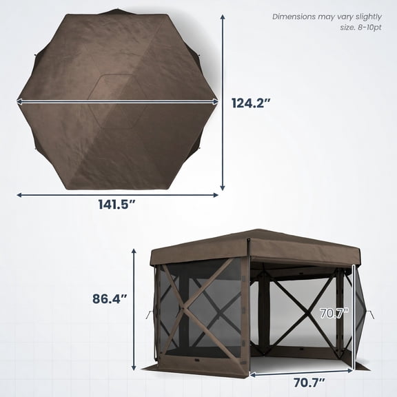 Kadyn 12 ft x 12 ft Hexagonal Pop-Up Gazebo Canopy Tent with 5 Mesh Sidewalls – Waterproof UV30 Brown Outdoor Shelter with Carry Bag