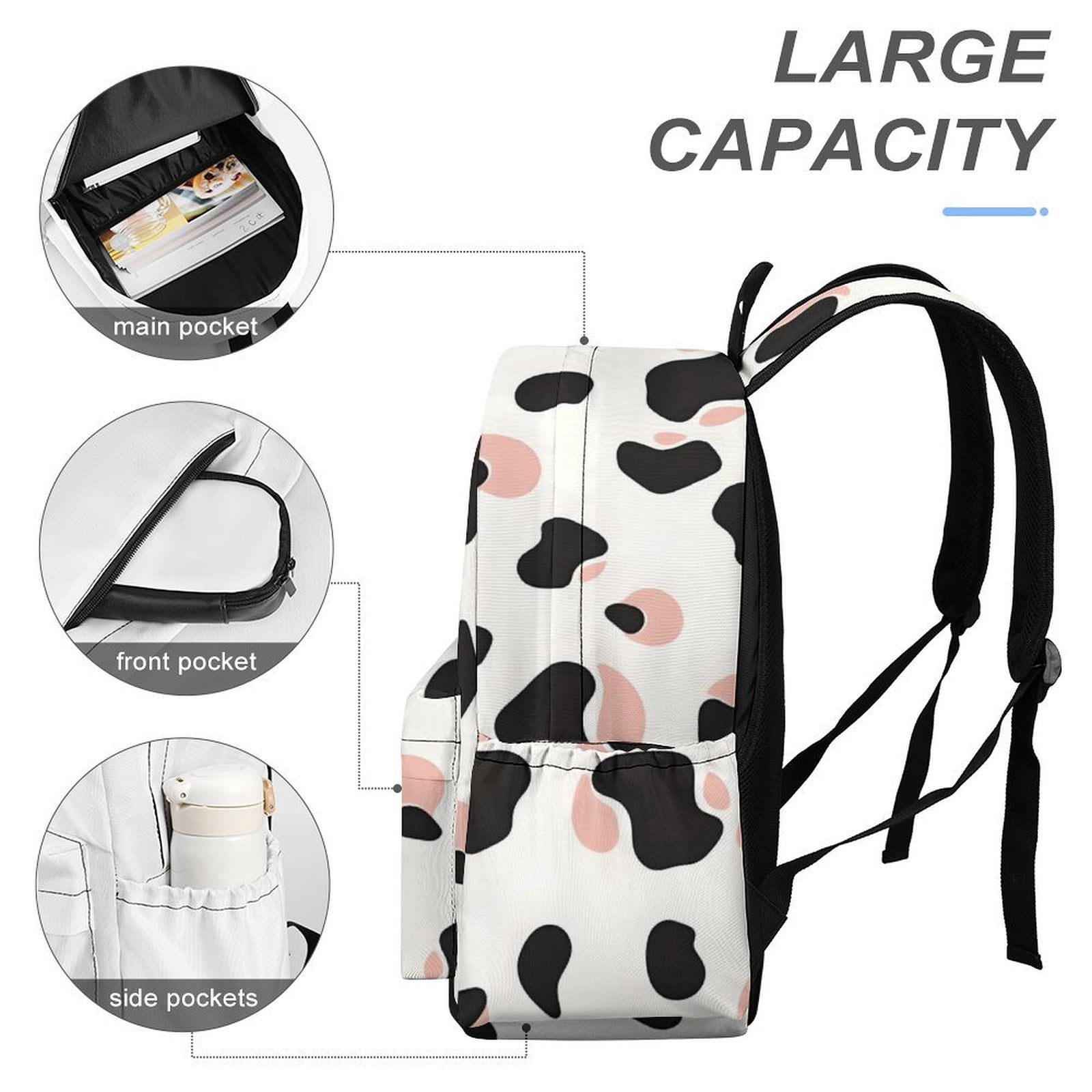 Large Capacity Half Print Backpack 11.8×16.5×5.9in Multifunctional Zipper Design Convenient Switch Simple Cow Print Pattern White Background, Pink And White_2