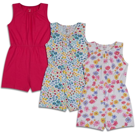 Pink Angel 3-Pack Girls Rompers, 100% Cotton Spring & Summer Outfit, Sleeveless Pull-On One Piece, Casual Playwear