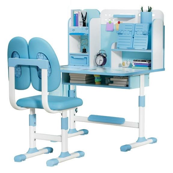 AQSQ Kids Study Desk and Chair Set Height Adjustable Children Table Large Writing Board Desk with Sitting Corrector, Drawer, Bookstand,Blue