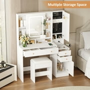 Vabches Vanity Set with Sliding Mirror and Lights Makeup Table with 3 Drawers & 2 Cabinets & 5 Shelves, White