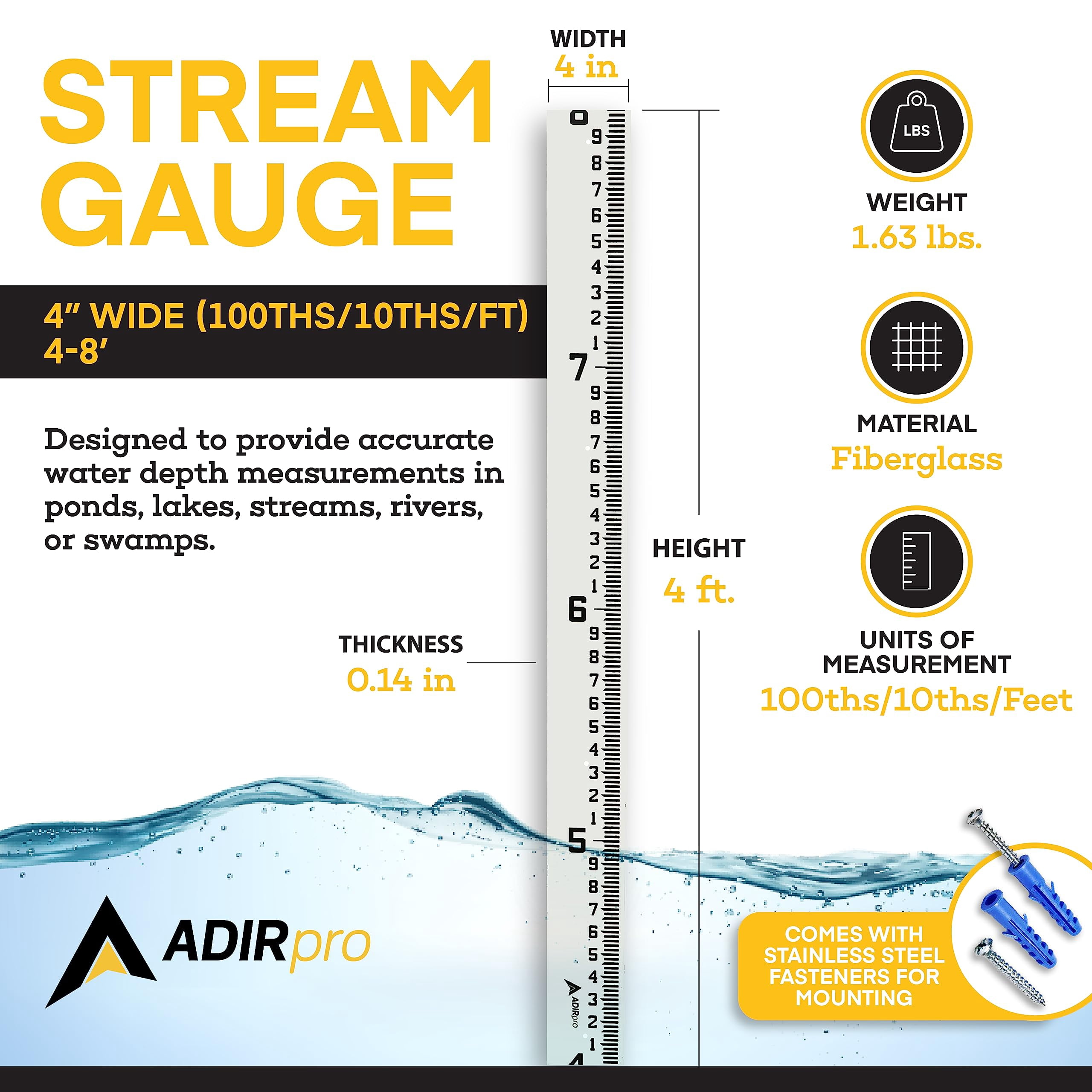 AdirPro 4" Wide Stream Gauge - Heavy Duty Staff Gauge - All Weather Gauge - Water Depth Gauge (100ths/10ths/feet) (4-8')