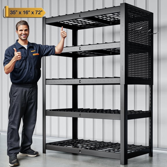 MAXLEAD 3100LBS Heavy Duty Metal Storage Shelves, 5-Tier Adjustable Garage Shelves for Pantry, 35.43"W x 15.74"D x 72.05"H Utility Shelving Units with Pegboard, Commercial/Industrial Black Steel
