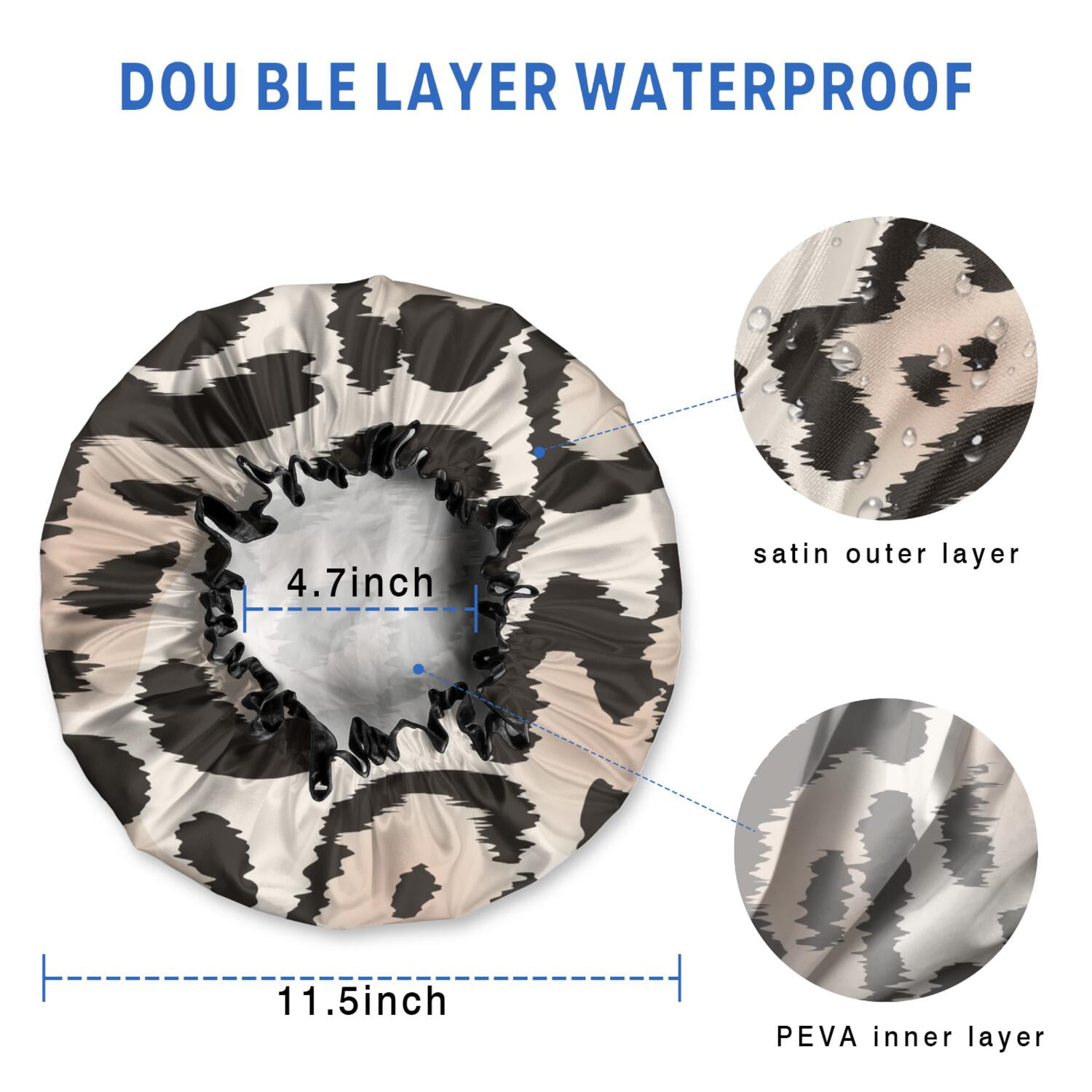 Shower Caps,Beige and Black Leopard Pattern Waterproof Shower Cap for Women 4 Pieces,Double Reusable Hair Cover for Shower PEVA Elastic Stretch Hem
