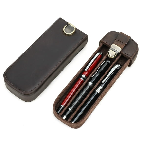 Hiram Luxury Genuine Leather 3 Slots Pen Case With Removable Pen Tray, Pencil Holder Case Office Supplies Pouch Creative Gift, Coffee