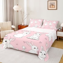 jejeloiu Cute Animal Rabbit Queen Sheet Sets,Kawaii Loves Birds Flat Sheet,White Pink Queen Fitted Sheet For Girl,Microfiber Bedroom Decor,4pcs