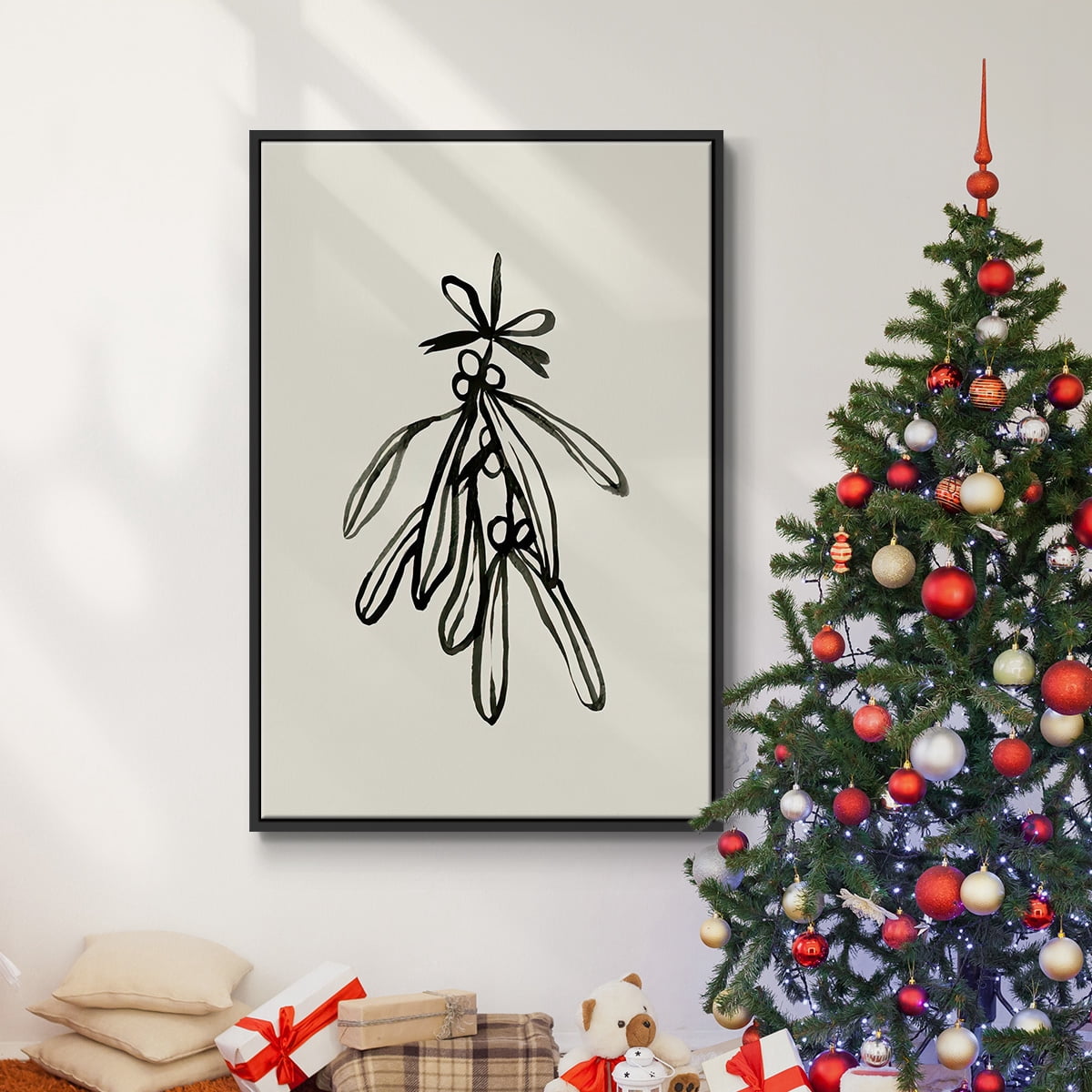 Mistletoe Sketch with Bows II - Framed Gallery Wrapped Holiday Canvas - 17 x 25 - Black Frame