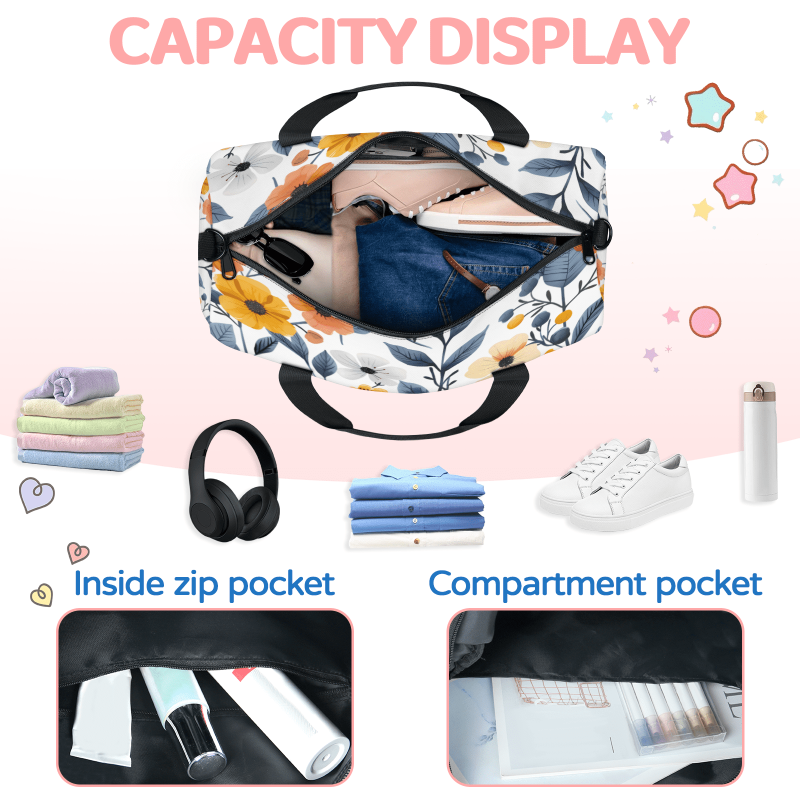 Herdesigns Flower Print Gym Bag for Women, Duffle Bag for Travel Sport, Lightweight Waterproof Carry on Weekender Overnight Dance Yoga Workout Bags