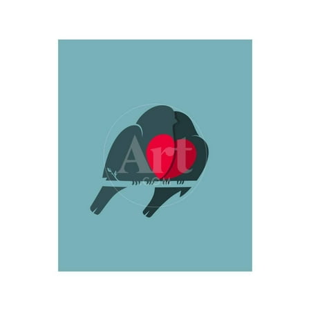 Natural Twig Heart - Bullfinch Birds Heart Love Couple Sitting on Twig. Birds Couple in Love Illustration. Raster Varian Print Wall Art By Popmarleo
