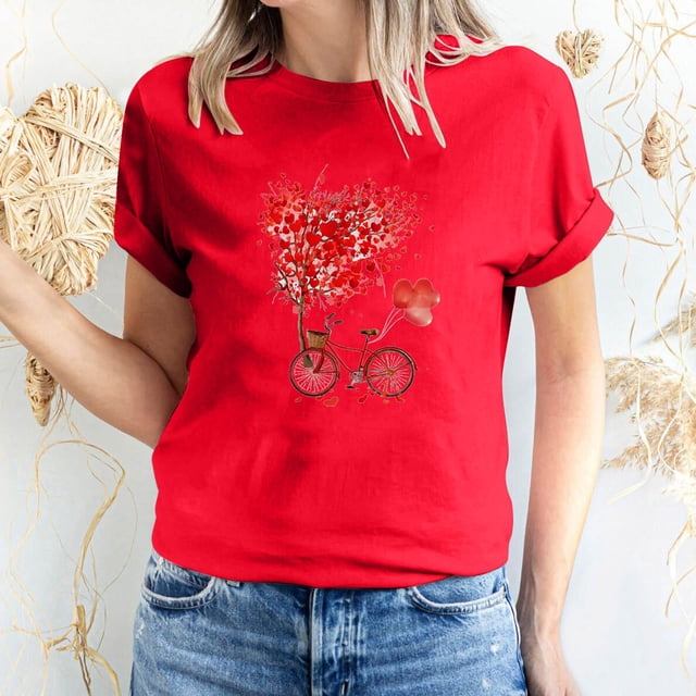 T-shirt à Manches Courtes Imprimé Amour de la Saint-Valentin pour Femmes, Col Rond