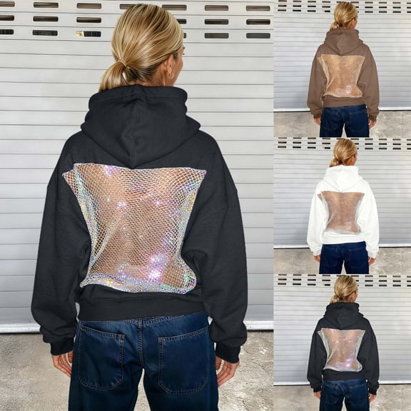 YUEHUA Hoodie Hollow Mesh Back Women's Sweatshirts Pullover Casual Long Sleeve Crystal Mesh Back Hoodie with Pocket