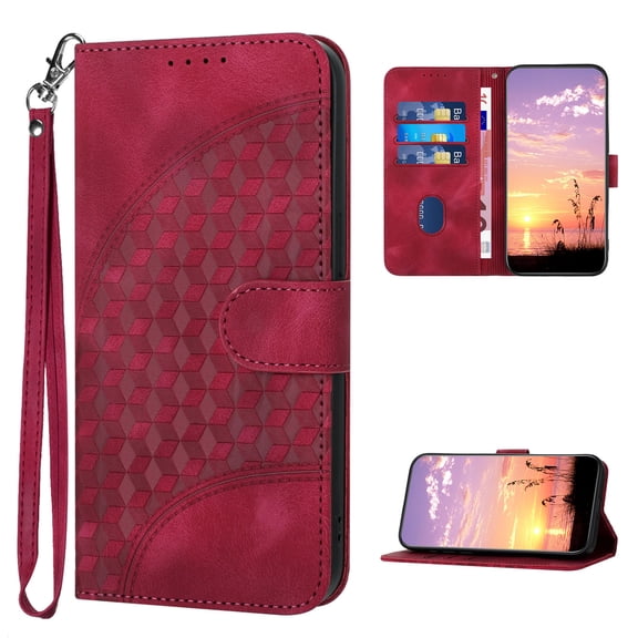 Designed for iPhone 15 Case Wallet, Women Flip Folio Cover with Embossed PU Leather Stand Credit Card Holders Slots Wrist Strap Magnetic Closure Phone Case for iPhone 15, Rose