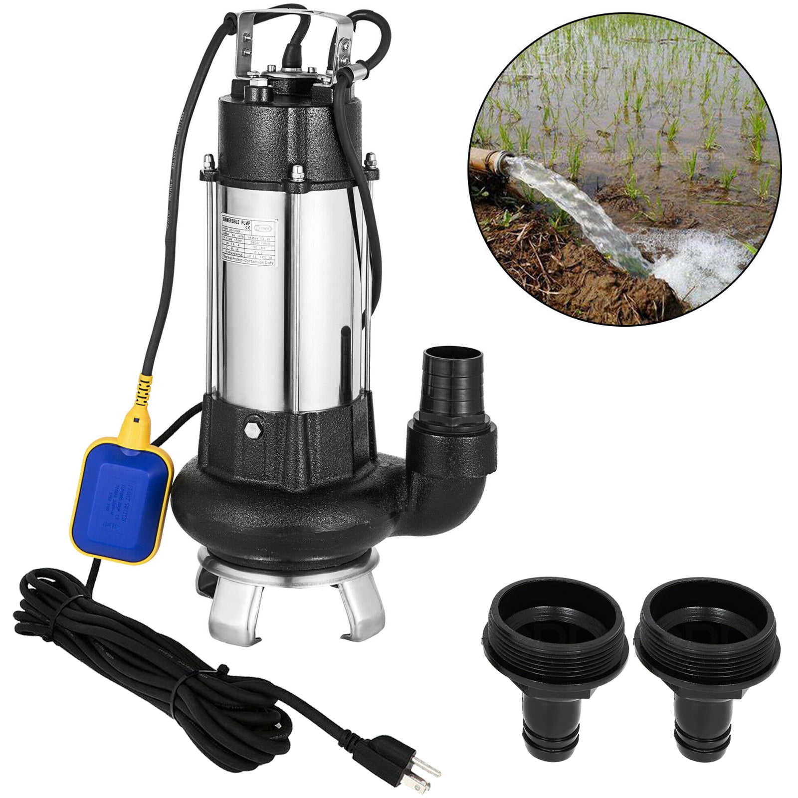 Silver 1.5HP Sump Pump Stainless Steel Submersible Pump 1100W 4356GPH Water Pump with 3 Outlets & Float Switch for Residential/Commercial Irrigating Draining 