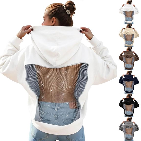Kcolen Womens Hoodies Pullover Oversized Mesh Back Sweatshirt See Through Hollow Pullover Long Sleeve Backless Tops